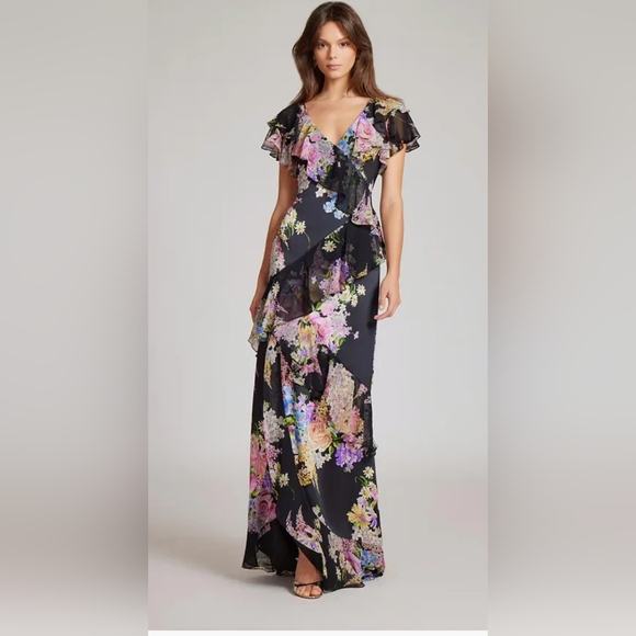 Teri Jon Chiffon V-Neck Black Floral Ruffle Gown, NWT, 6, Formal, Wedding - Picture 1 of 6